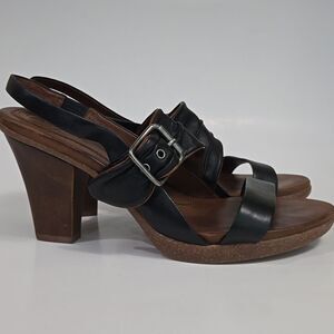 Naya Alamosa Black Leather Sling Back Sandals Block Heel Sz 9.5 Buckle Strappy